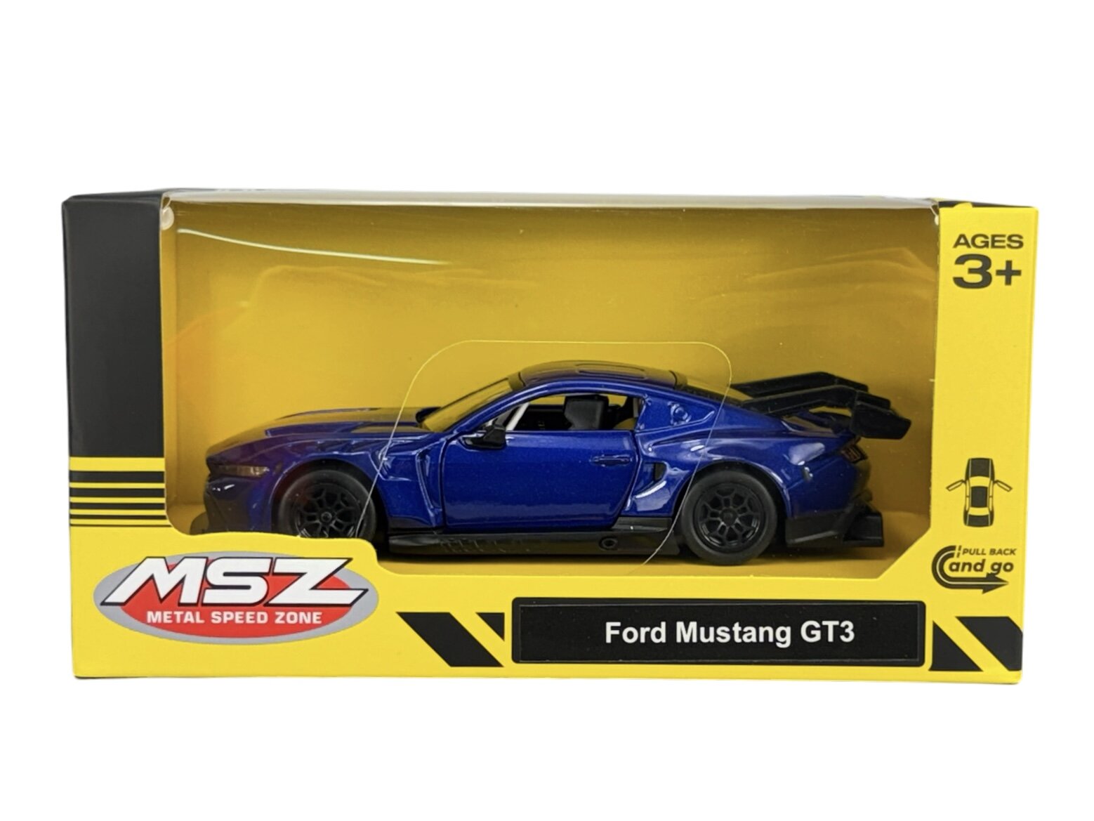 Model samochodu Ford Mustang GT3 w kolorze niebieskim znajduje się w żółtym opakowaniu z przezroczystym frontem. Na opakowaniu widnieje logo \'MSZ Metal Speed Zone\' oraz napis \'Ford Mustang GT3\'.