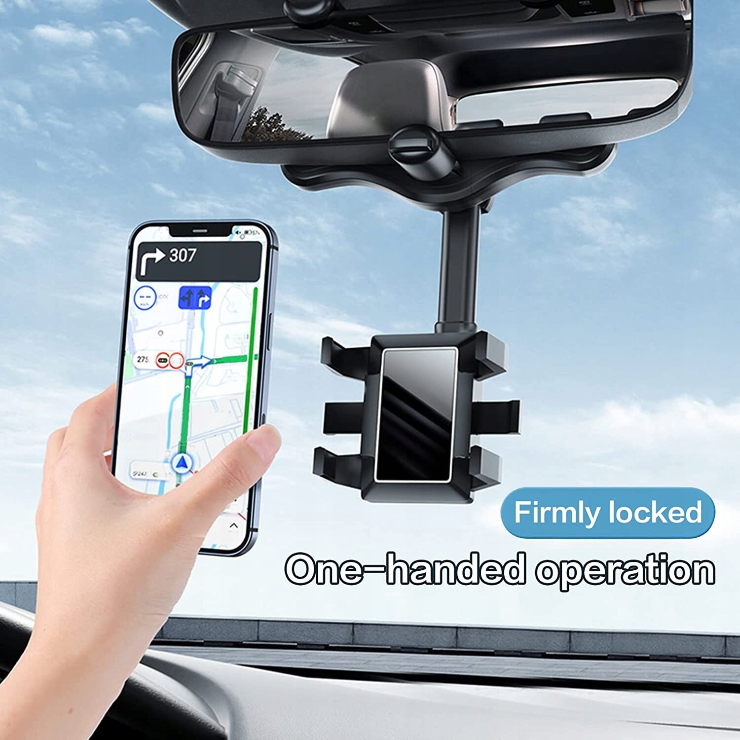 Obraz przedstawia uchwyt do telefonu zamontowany na lusterku wstecznym samochodu. Widoczny jest tekst: \'Firmly locked\' oraz \'One-handed operation\'.