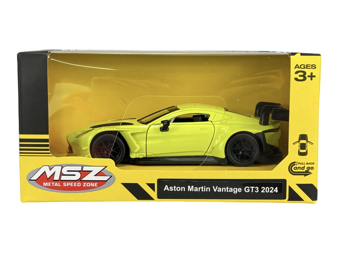 Model samochodu Aston Martin Vantage GT3 2024 w kolorze żółtym, zapakowany w pudełko z logo \'MSZ Metal Speed Zone\'. Na opakowaniu widnieje napis \'Ages 3+\' oraz \'Pull back and go\'.