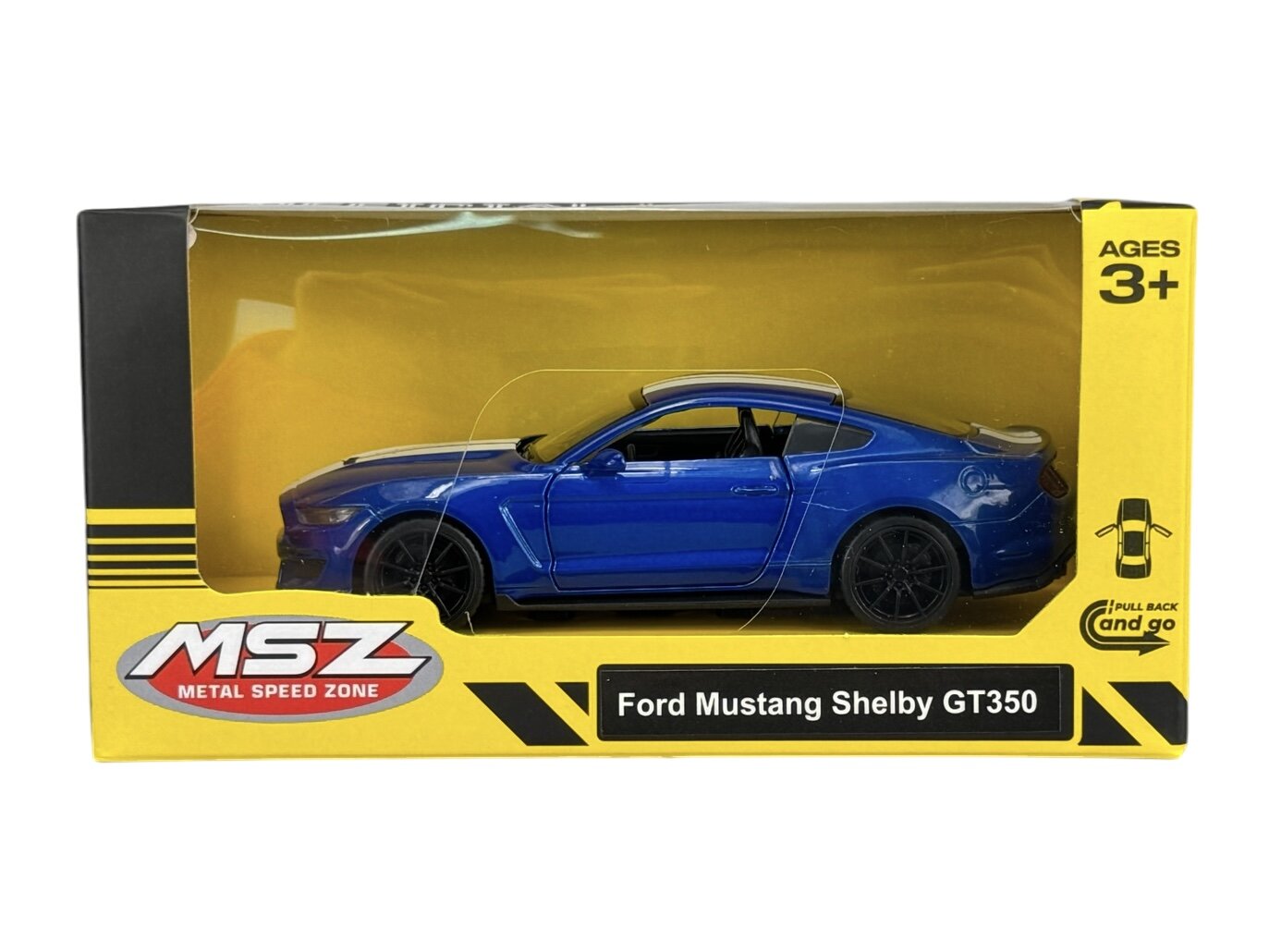 Model samochodu Ford Mustang Shelby GT350 w kolorze niebieskim znajduje się w żółtym opakowaniu z napisem \'MSZ Metal Speed Zone\' oraz \'Ford Mustang Shelby GT350\'.