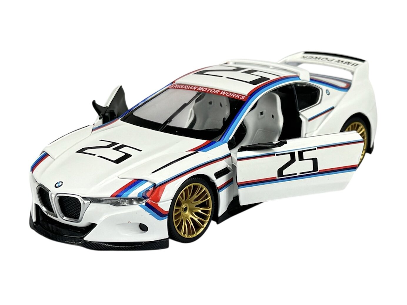 Model samochodu w kolorze białym z numerem 25 na masce i drzwiach, ozdobiony niebiesko-czerwonymi paskami. Na przedniej szybie widoczny napis \'BMW MOTORSPORT\'.
