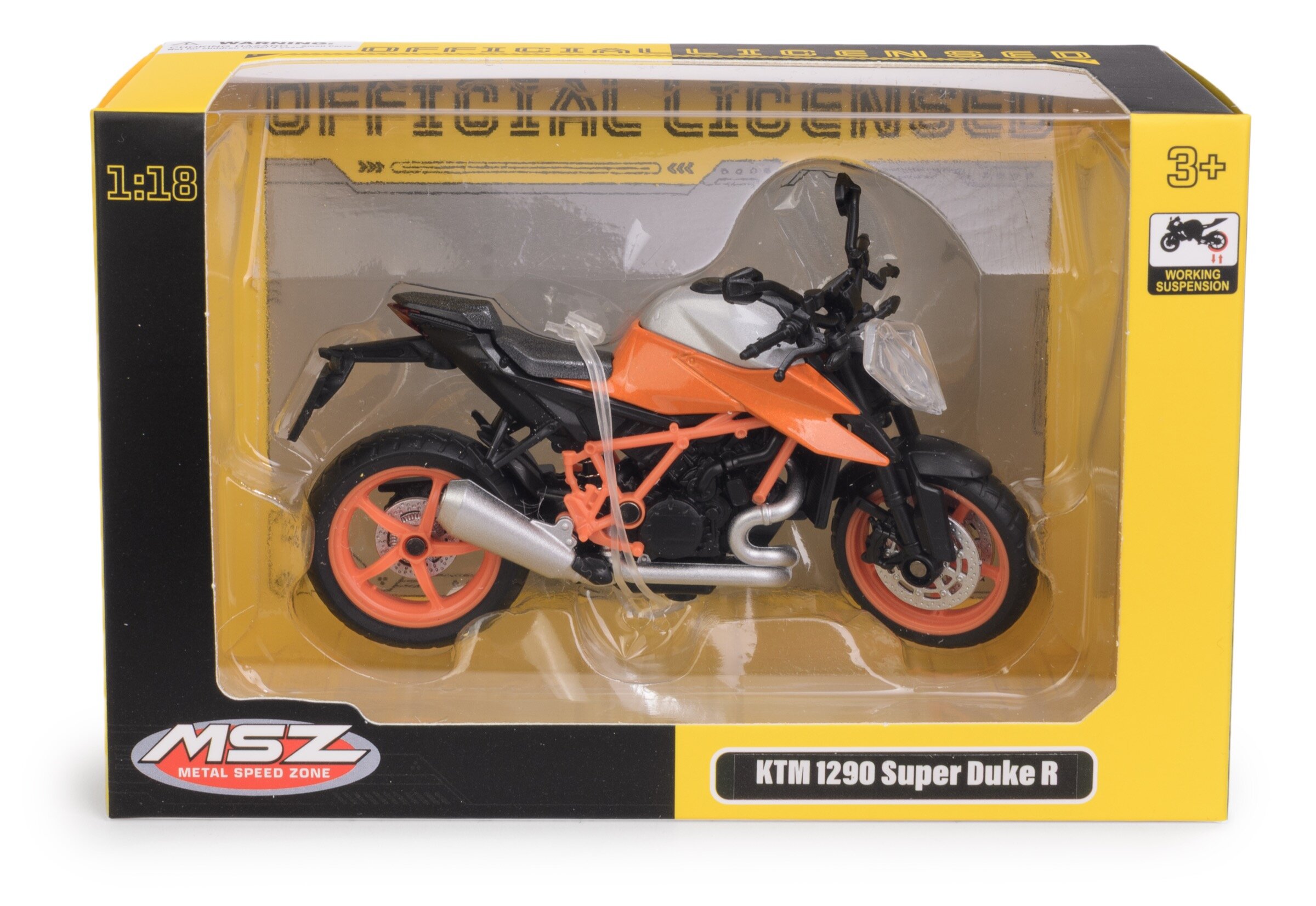 Model motocykla KTM 1290 Super Duke R w skali 1:18, w kolorze pomarańczowym, zapakowany w pudełko z przezroczystym frontem. Na opakowaniu widoczne są napisy: \'MSZ Metal Speed Zone\', \'OFFICIAL LICENSED\', \'3+\', oraz \'WORKING SUSPENSION\'.