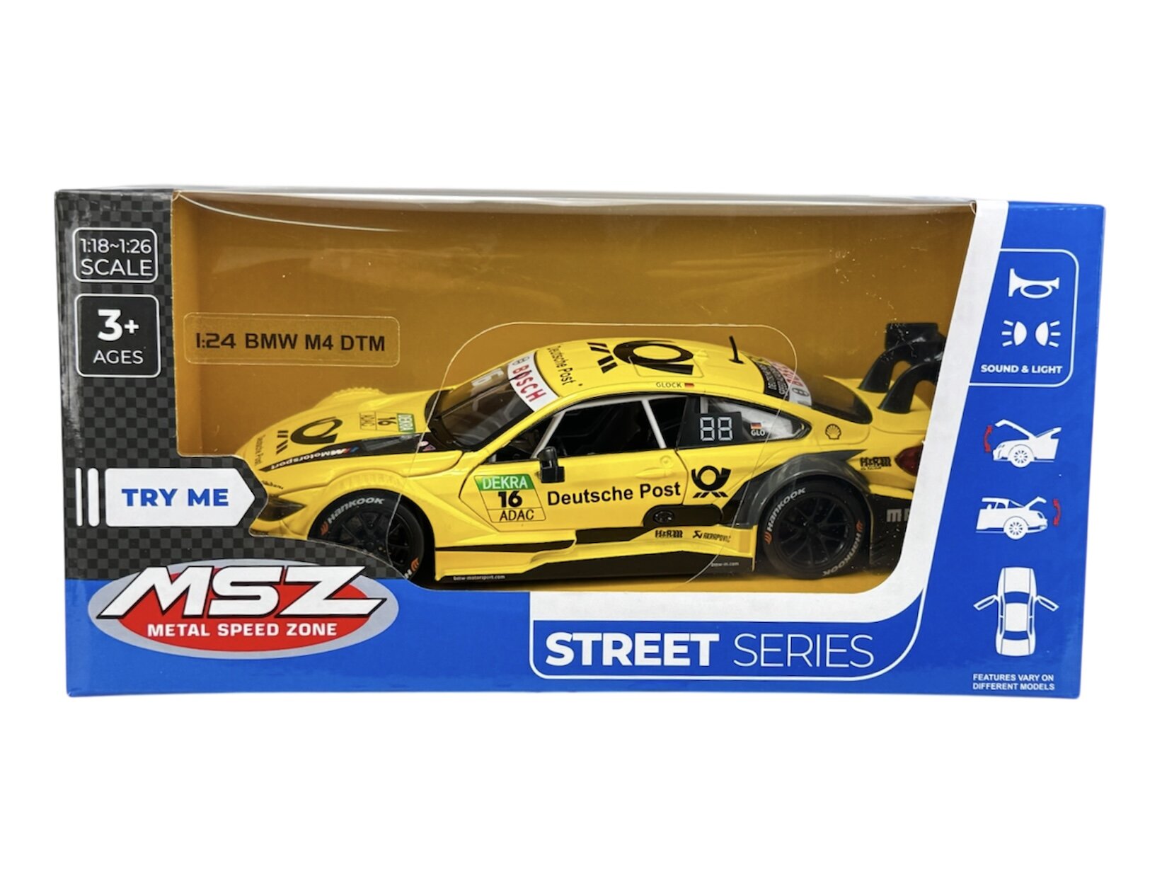 Model samochodu wyścigowego w żółtym kolorze z oznaczeniami \'Deutsche Post\' i numerem \'16 ADAC\' w opakowaniu z napisem \'MSZ Metal Speed Zone Street Series\'. Na opakowaniu widnieje również napis \'1:24 BMW M4 DTM\'.