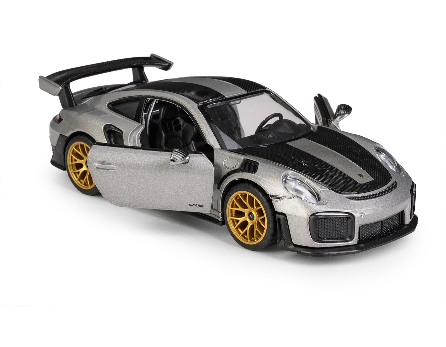Model samochodu w skali 1:32, srebrny z czarnymi elementami i złotymi felgami. Na drzwiach widoczny napis \'GT2 RS\'.