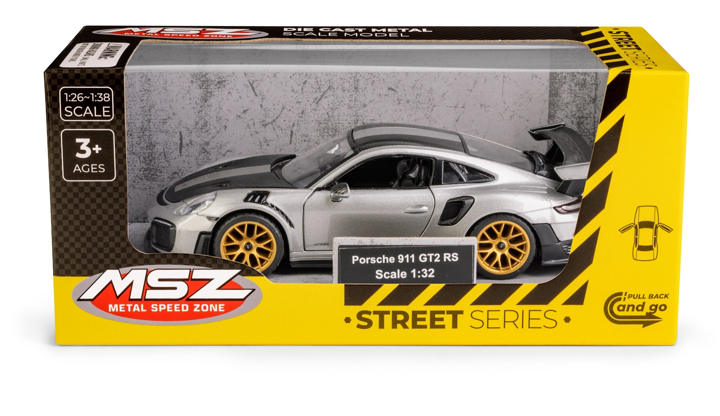 Model samochodu Porsche 911 GT2 RS w skali 1:32, w kolorze srebrnym, zapakowany w pudełko z napisem \'MSZ METAL SPEED ZONE STREET SERIES\'.