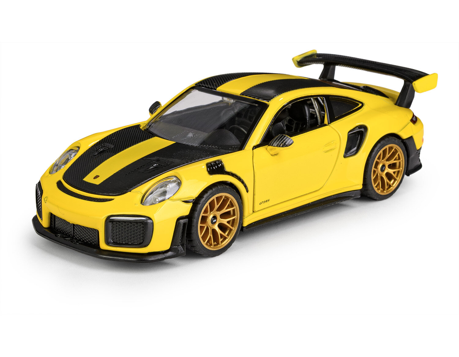 Model samochodu w kolorze żółtym z czarnymi detalami, posiada duży tylny spojler i złote felgi. Na drzwiach widoczny jest napis \'GT2 RS\'.