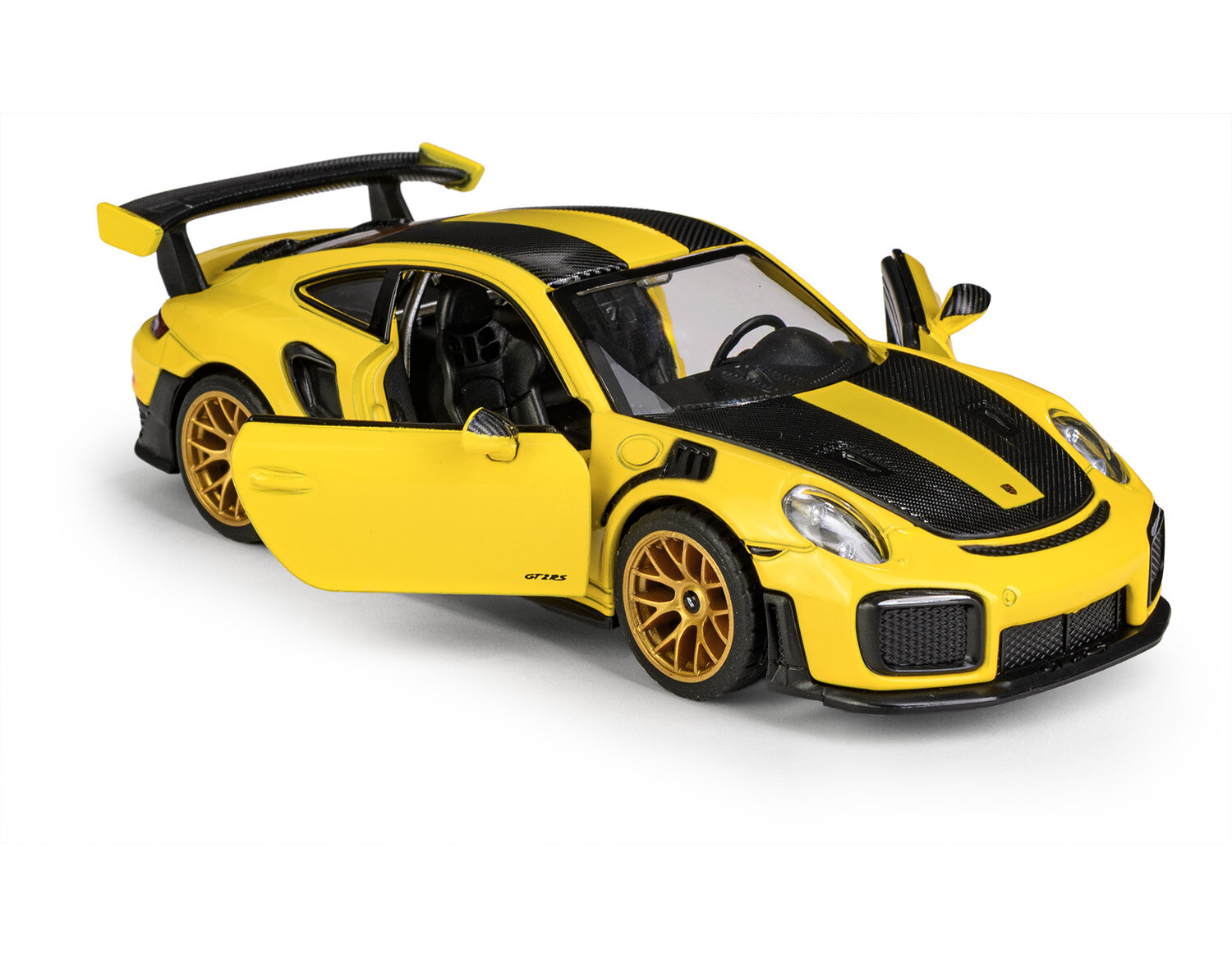 Model samochodu w kolorze żółtym z czarnymi pasami, z otwartymi drzwiami i widocznymi szczegółami wnętrza. Na boku widoczny napis \'GT2 RS\'.