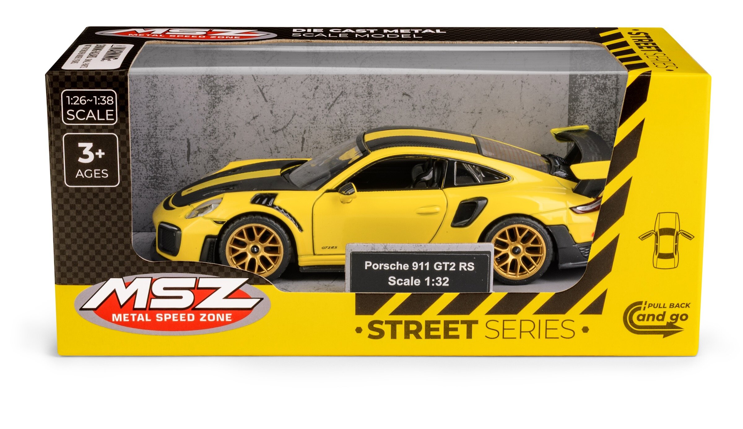 Model samochodu Porsche 911 GT2 RS w kolorze żółtym znajduje się w opakowaniu z przezroczystym frontem. Na opakowaniu widnieje napis \'MSZ METAL SPEED ZONE\' oraz \'Porsche 911 GT2 RS Scale 1:32\'.