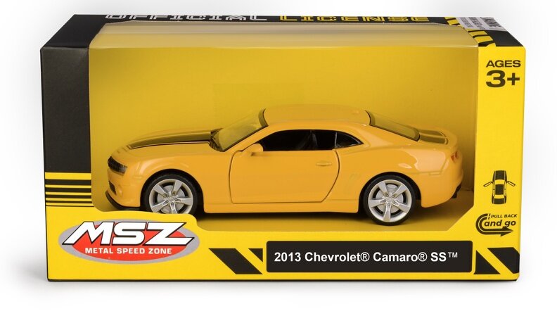 Model samochodu w kolorze żółtym w opakowaniu z napisem \'2013 Chevrolet® Camaro® SS™\'. Na opakowaniu widoczne jest logo \'MSZ METAL SPEED ZONE\' oraz oznaczenie \'AGES 3+\'.