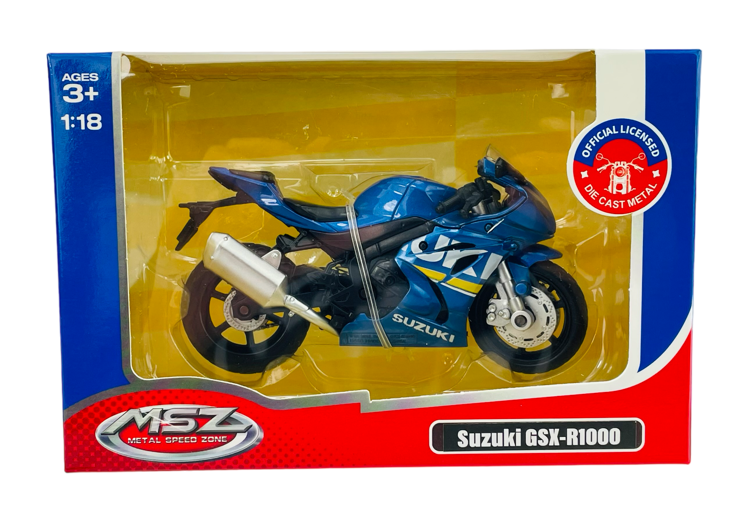 Model motocykla Suzuki GSX-R1000 w kolorze niebieskim w skali 1:18, zapakowany w pudełko z przezroczystym frontem. Na opakowaniu widnieje logo \'MSZ Metal Speed Zone\' oraz napis \'Official Licensed Die Cast Metal\'.