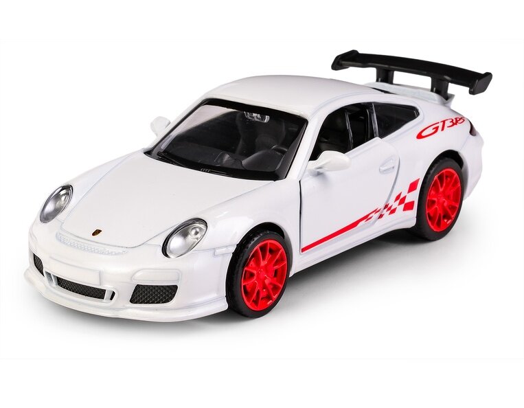 Biały model samochodu sportowego z czerwonymi felgami i czarnym spojlerem. Na boku widoczny napis \'GT3 RS\' oraz czerwone wzory w formie szachownicy.