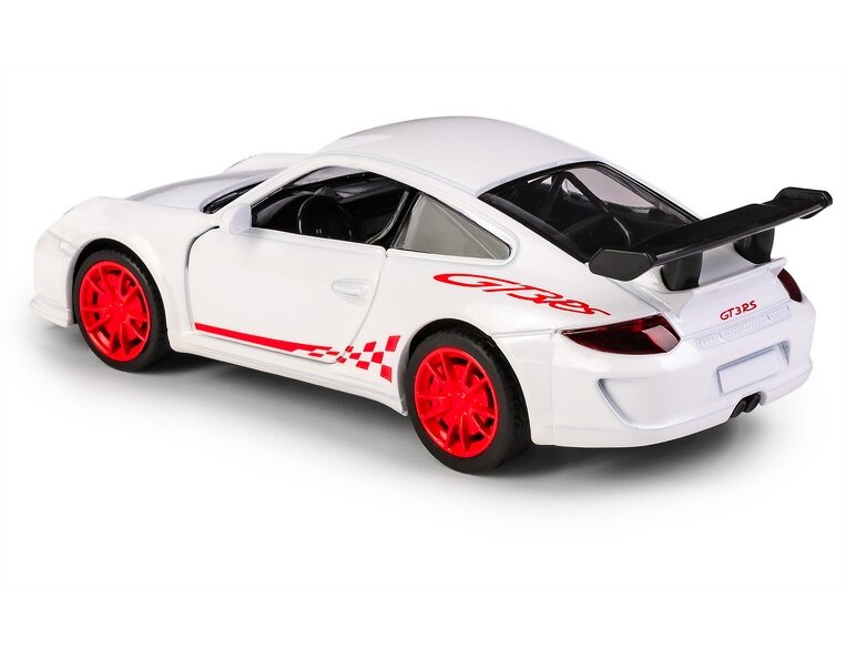 Model samochodu w kolorze białym z czerwonymi felgami i napisami \'GT3 RS\' oraz \'911 GT3 RS\' na boku i tyle. Posiada czarny spojler i przezroczyste szyby.
