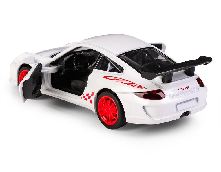 Biały model samochodu z otwartymi drzwiami, czerwonymi felgami i napisem \'GT3 RS\' na tylnej części. Na boku widoczny czerwony wzór w kratkę i napis \'GT3 RS\'.