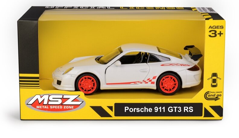 Model samochodu Porsche 911 GT3 RS w kolorze białym z czerwonymi felgami i detalami, zapakowany w żółte pudełko z napisami \'MSZ METAL SPEED ZONE\' i \'Porsche 911 GT3 RS\'.