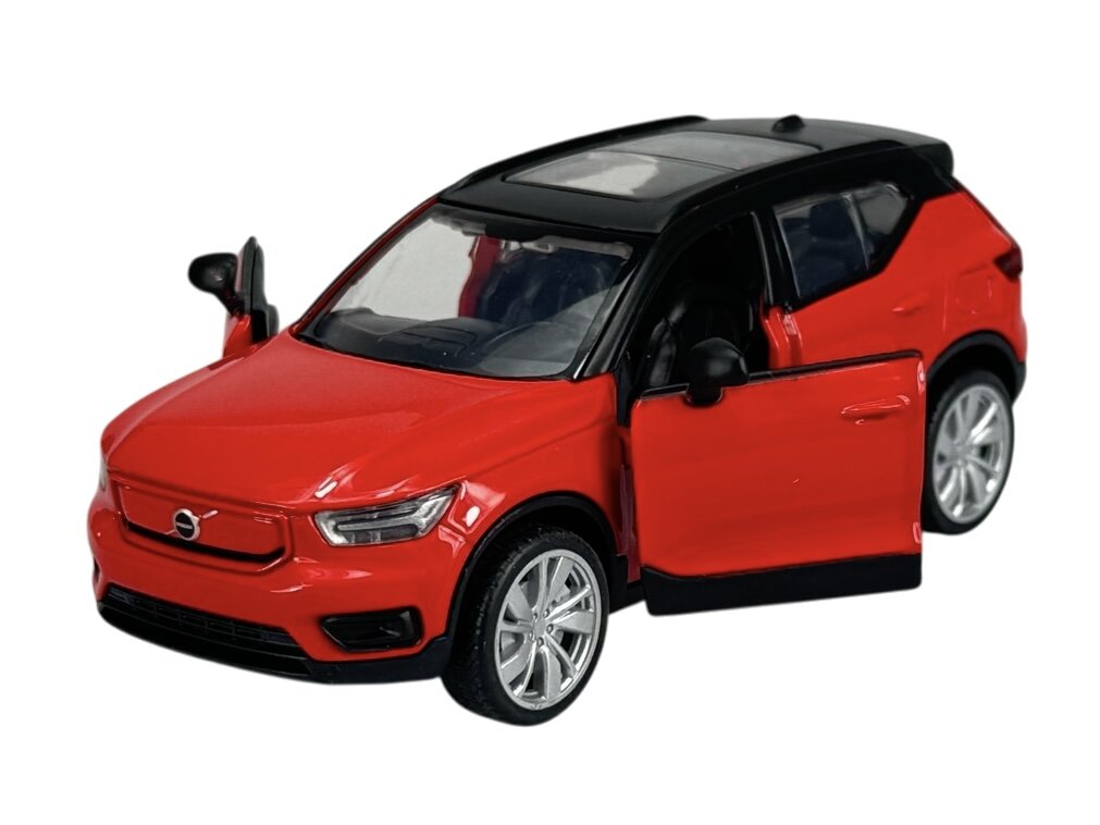 Model samochodu w kolorze czerwonym z otwartymi drzwiami i widocznym logo Volvo na przodzie. Posiada czarny dach i srebrne felgi.