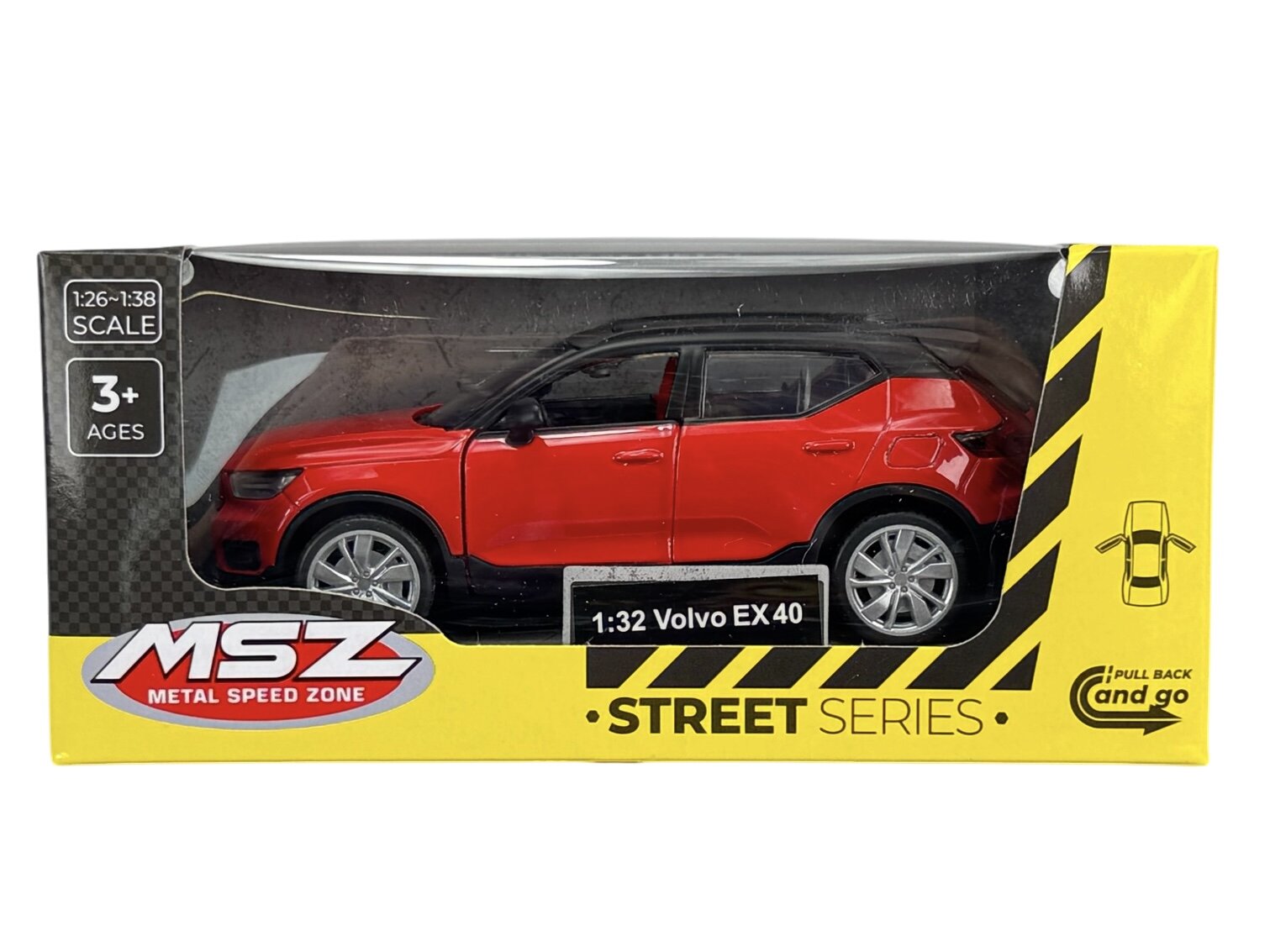 Model samochodu w skali 1:32, przedstawiający czerwony pojazd Volvo EX 40, zapakowany w pudełko z napisem \'MSZ Metal Speed Zone\' i \'Street Series\'.