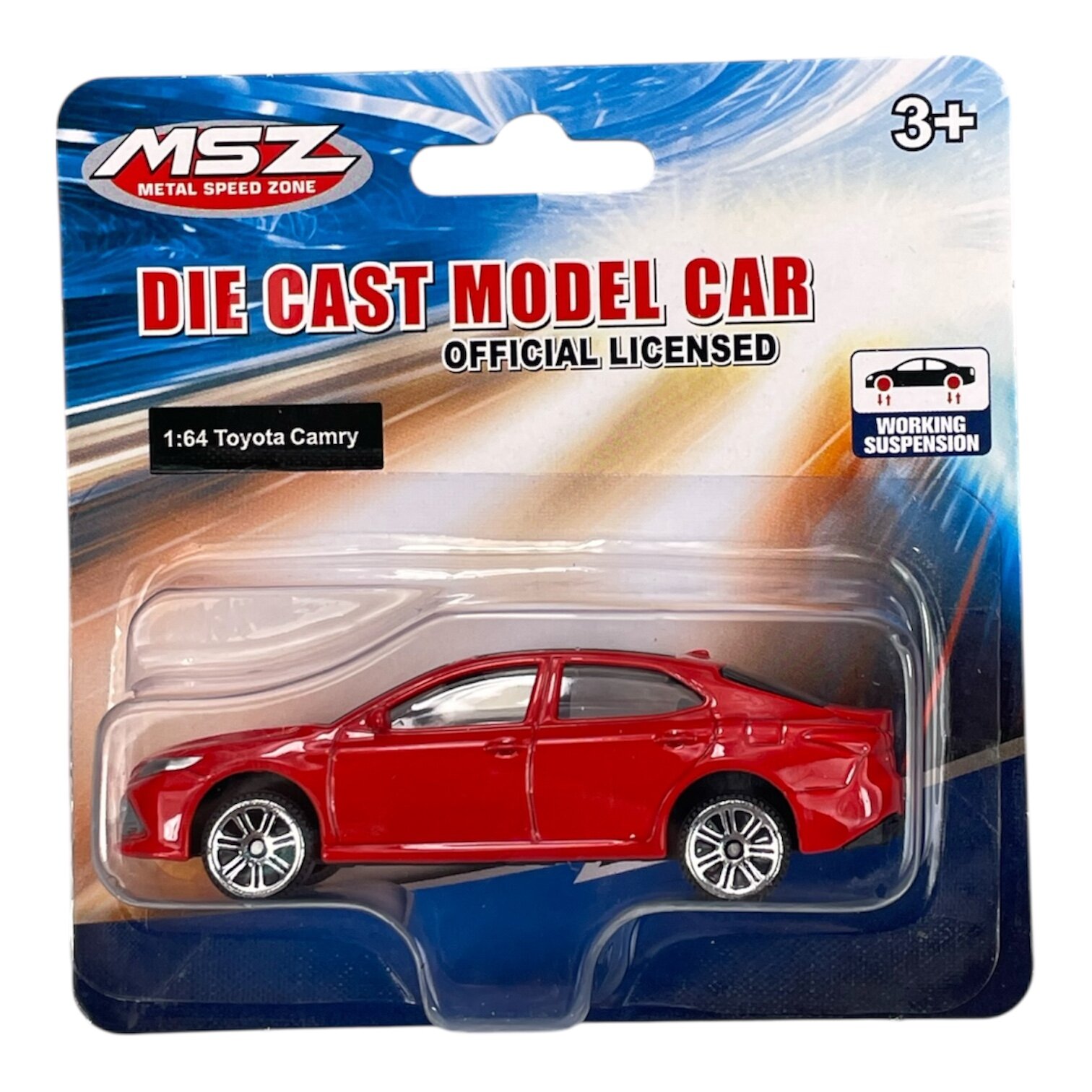 Opakowanie z modelem samochodu w skali 1:64, przedstawiające czerwony pojazd. Na opakowaniu widnieje napis \'DIE CAST MODEL CAR OFFICIAL LICENSED\' oraz logo \'MSZ METAL SPEED ZONE\'.