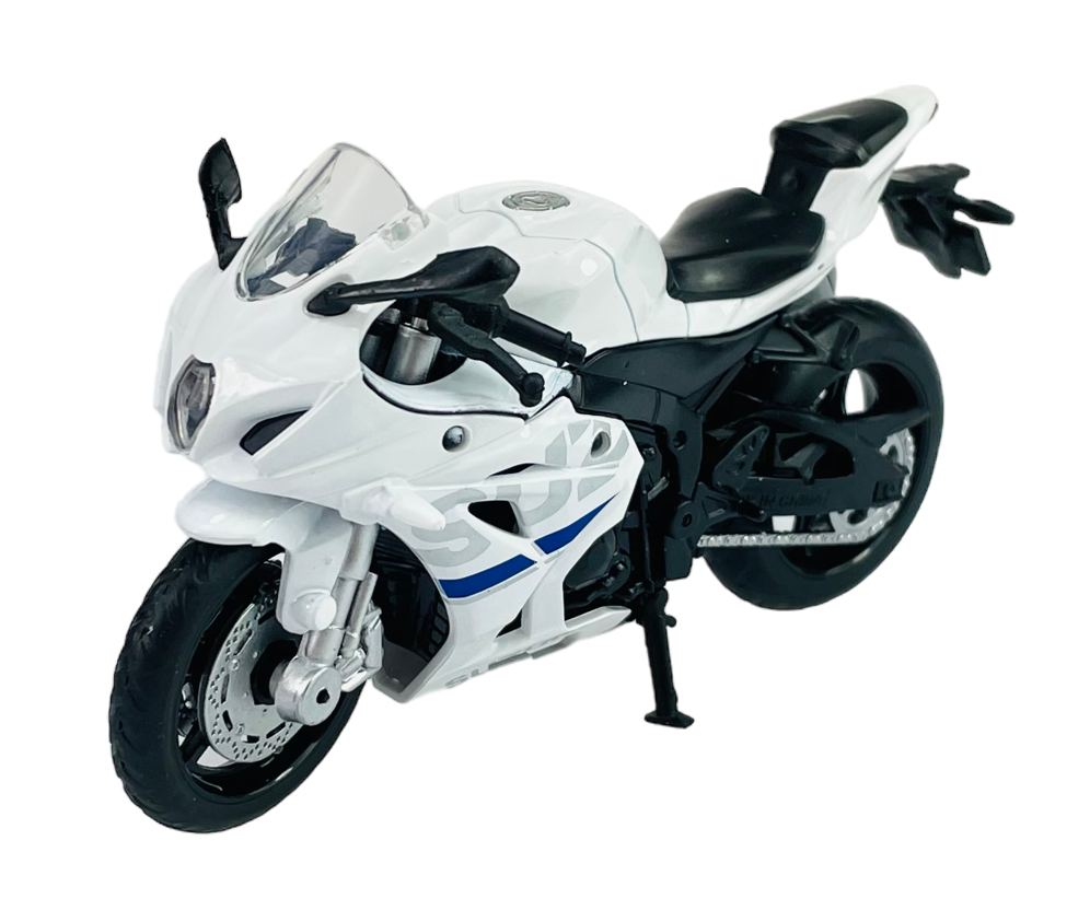 Biały model motocykla z czarnymi i niebieskimi elementami, wykonany z metalu. Motocykl posiada szczegółowe elementy, takie jak lusterka i hamulce tarczowe.