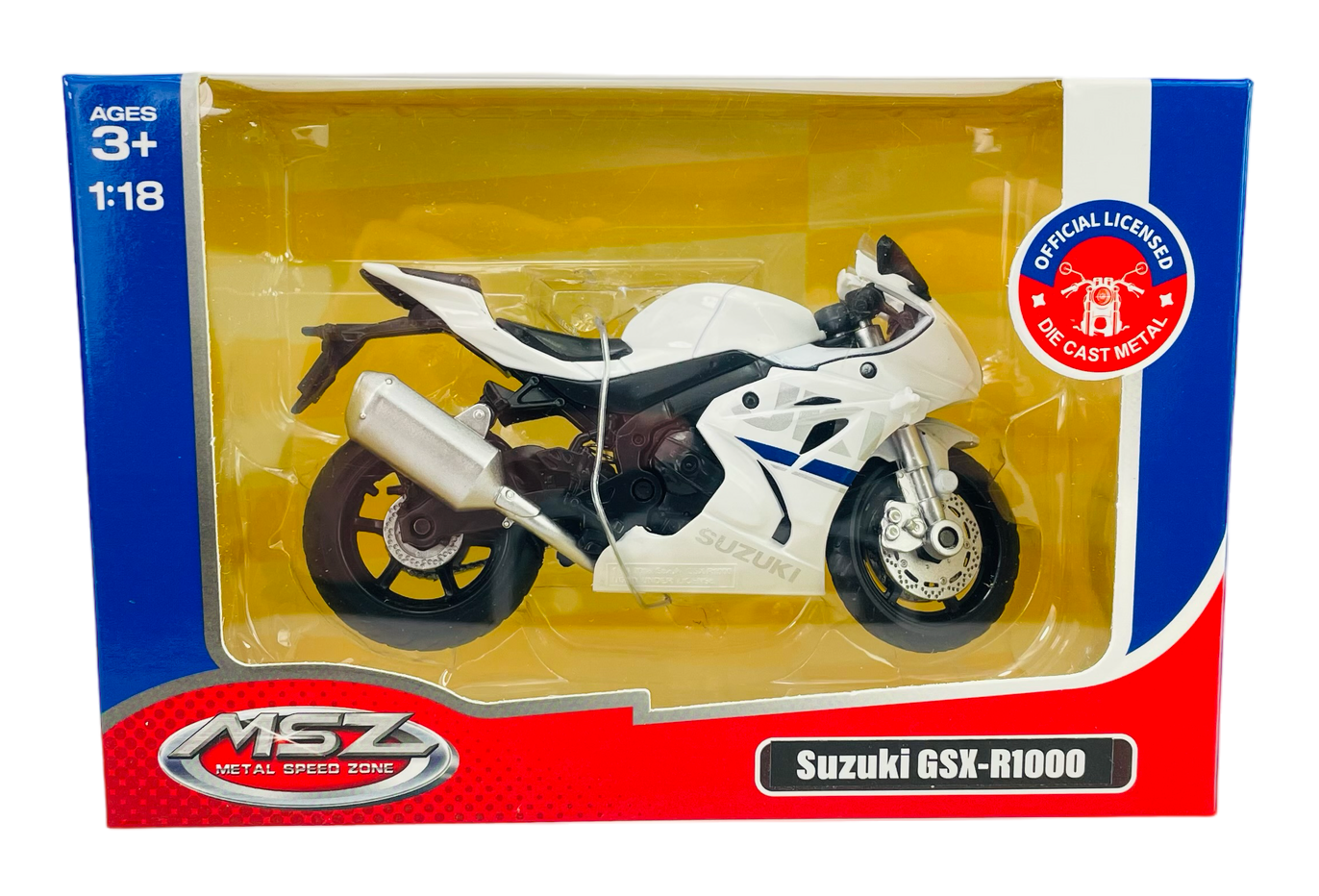 Model motocykla Suzuki GSX-R1000 w skali 1:18 w kolorze białym, zapakowany w pudełko z przezroczystym frontem. Na opakowaniu widnieje napis \'MSZ Metal Speed Zone\' oraz \'Official Licensed Die Cast Metal\'.