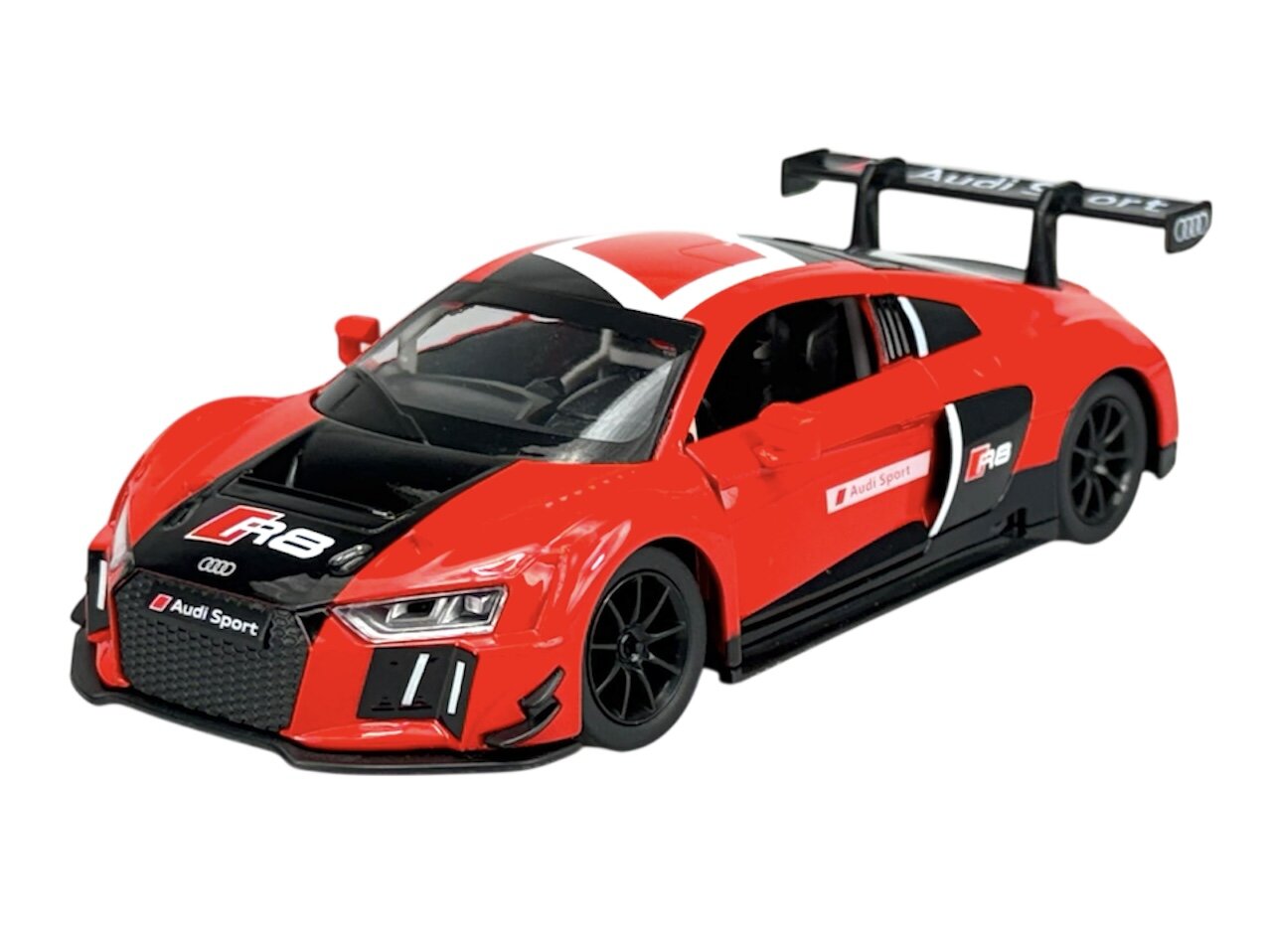 Model samochodu wyścigowego w kolorze czerwonym z czarnymi elementami, oznaczony napisami \'Audi Sport\' i \'R8\'. Posiada duży tylny spojler i szczegółowe wykończenia, w tym logo Audi na masce.