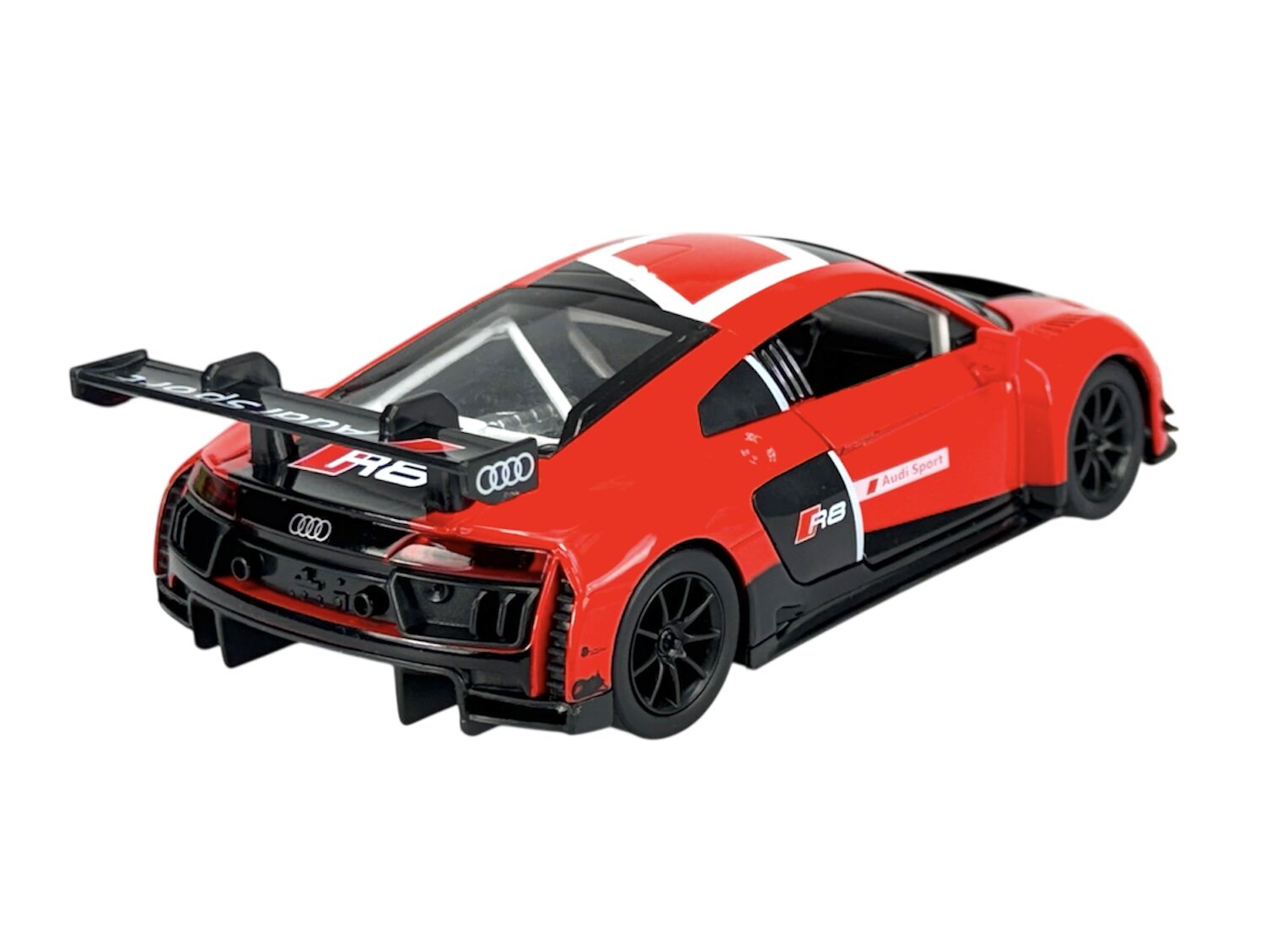 Czerwony model samochodu wyścigowego z czarnymi detalami i dużym tylnym spojlerem. Na samochodzie widoczne są napisy \'R8\' oraz logo \'Audi\'.