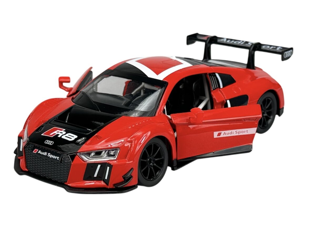 Czerwony model samochodu wyścigowego z otwartymi drzwiami, oznaczony napisami \'Audi Sport\' i \'R8\'. Na tylnej części widoczne jest duże skrzydło z napisem \'Audi Sport\'.