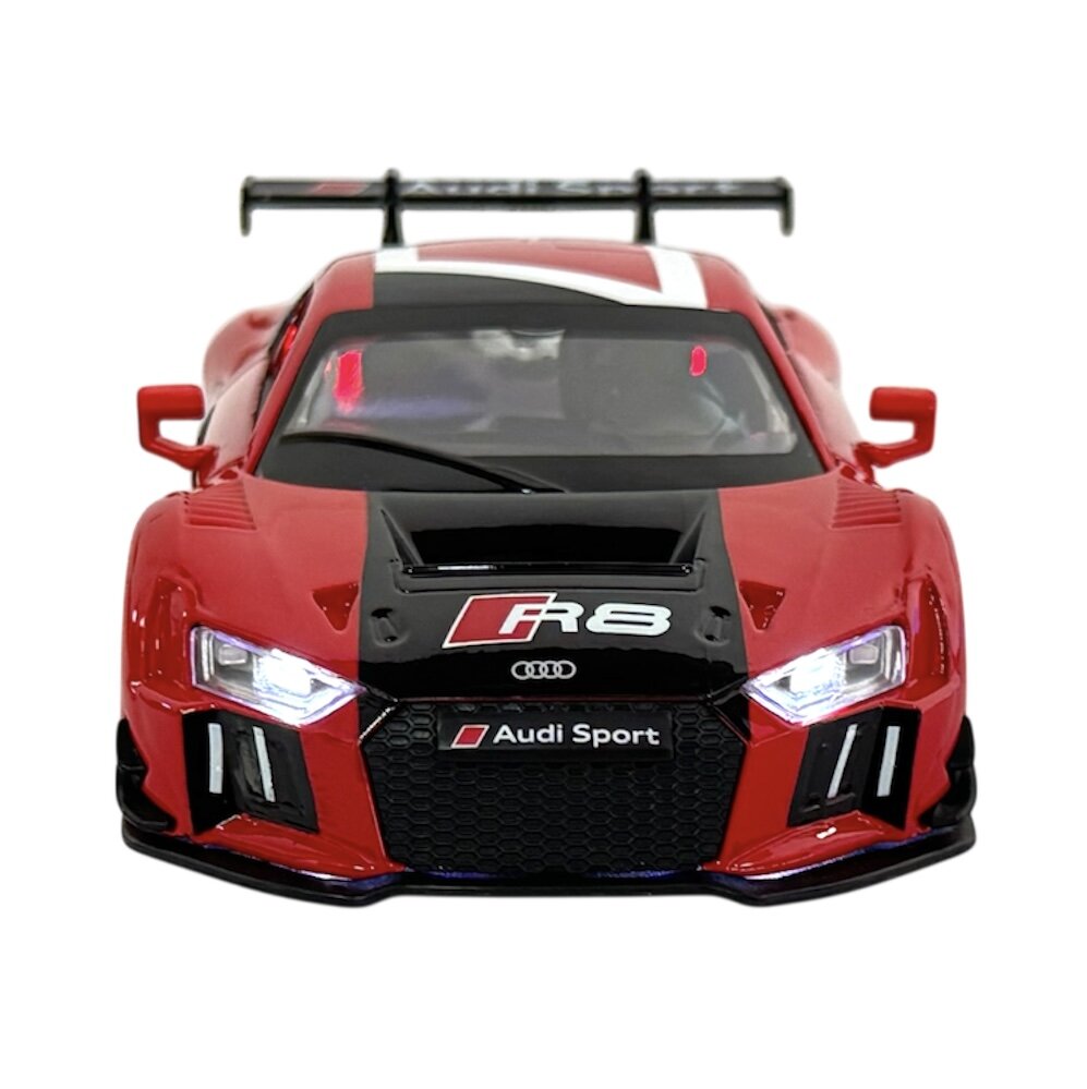Czerwony model samochodu wyścigowego z czarnymi elementami, na masce widoczne logo \'R8\' oraz napis \'Audi Sport\'. Samochód posiada szczegółowe reflektory i duży tylny spojler.