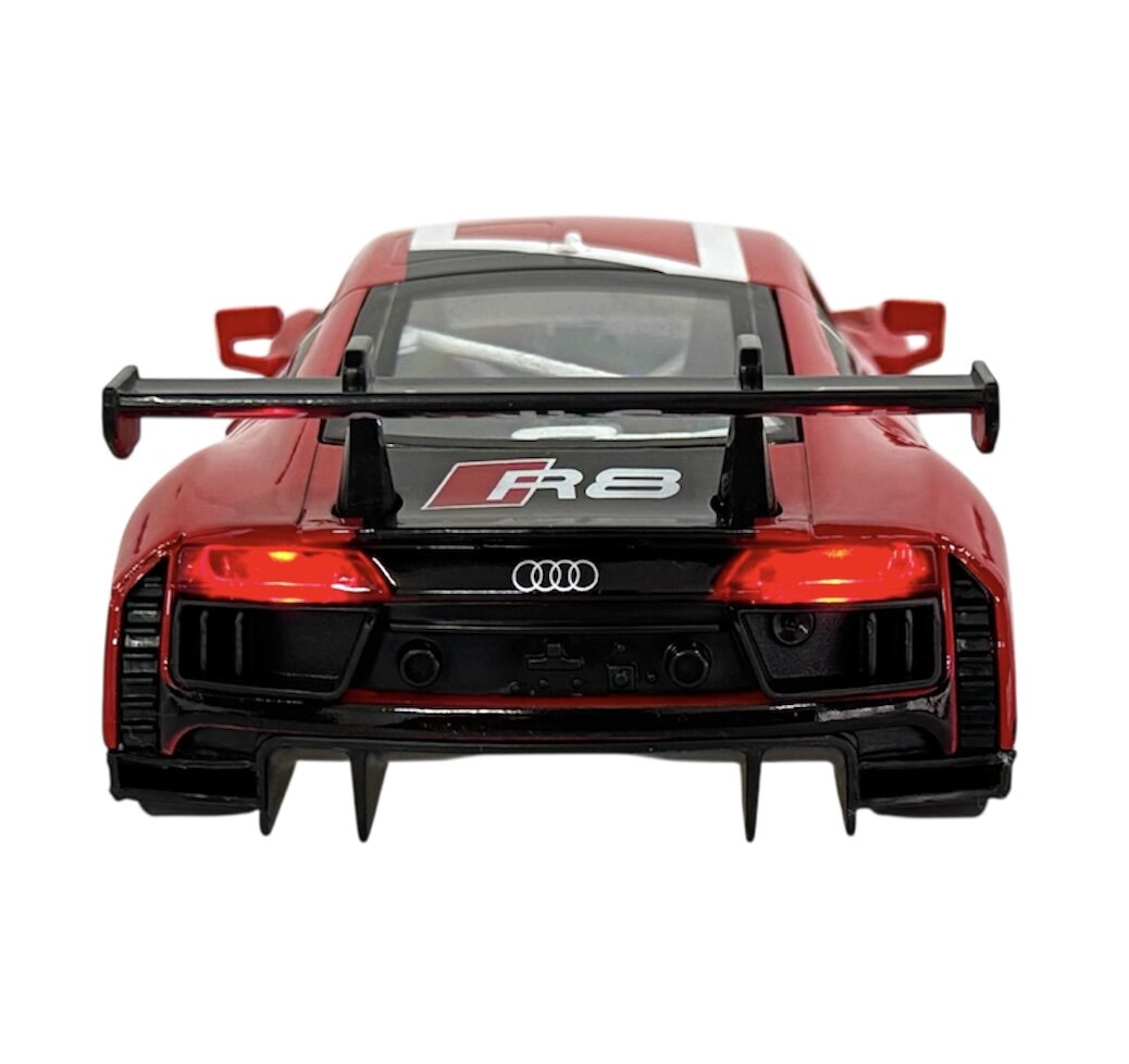 Czerwony model samochodu z widocznym logo Audi i oznaczeniem \'R8\' na tylnej części. Samochód posiada duży tylny spojler i szczegółowe tylne światła.