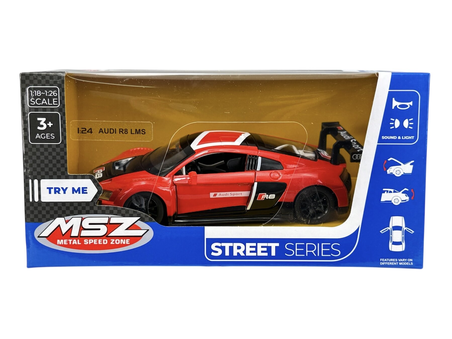 Opakowanie z modelem samochodu w skali 1:24, przedstawiające czerwony pojazd z napisem \'Audi Sport R8 LMS\'. Na opakowaniu widnieje logo \'MSZ Metal Speed Zone\' oraz napis \'Street Series\'.