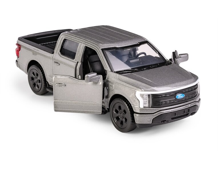 Model szarego samochodu typu pickup z otwartymi drzwiami i widocznym logo Ford na przodzie. Samochód ma czarne felgi i szczegółowo odwzorowane wnętrze.