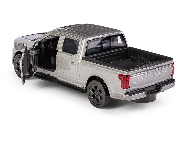 Model metalowego samochodu w kolorze szarym z otwartymi drzwiami i widoczną przestrzenią ładunkową. Na tylnej klapie znajduje się logo i napis \'F-150\'.