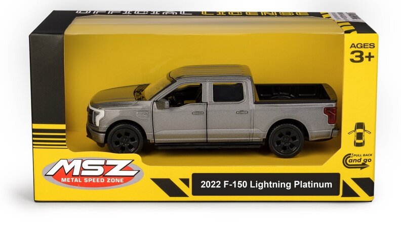Model samochodu w kolorze szarym w opakowaniu z napisem \'2022 F-150 Lightning Platinum\'. Na opakowaniu widoczne jest logo \'MSZ METAL SPEED ZONE\' oraz oznaczenie \'AGES 3+\'.