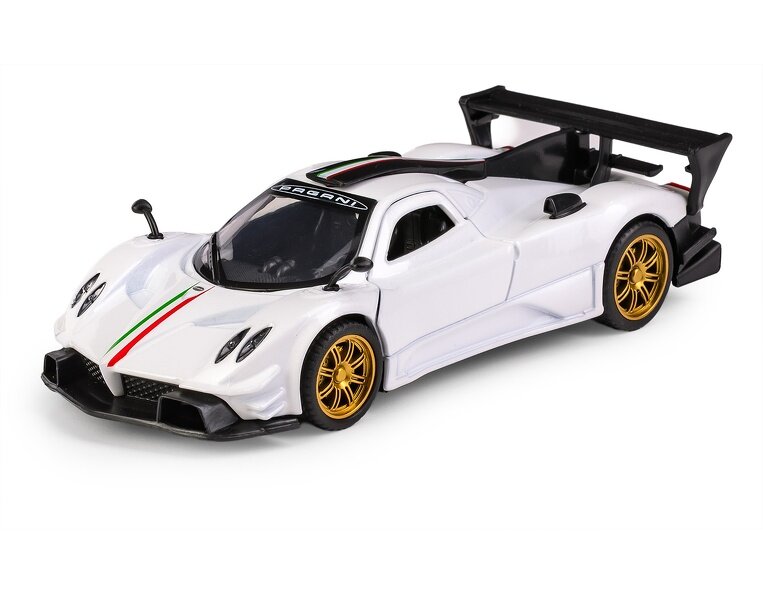 Biały model samochodu sportowego z czarnym spojlerem i złotymi felgami. Na masce widoczny jest pasek w kolorach zielonym, białym i czerwonym oraz napis \'PAGANI\'.