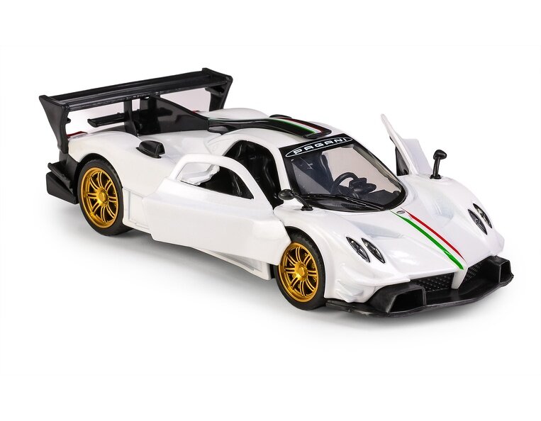 Biały model samochodu sportowego z otwartymi drzwiami, złotymi felgami i czarnym spojlerem. Na masce widoczny jest napis \'PAGANI\' oraz zielono-czerwony pasek.