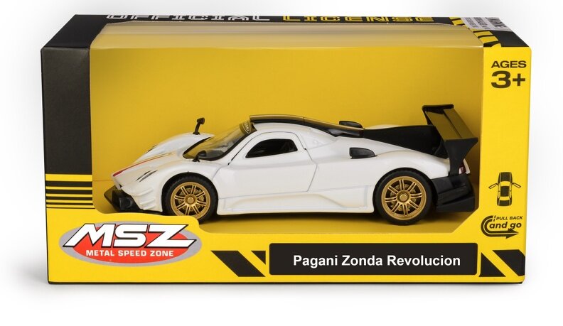 Model samochodu Pagani Zonda Revolucion w kolorze białym, umieszczony w żółtym opakowaniu z logo \'MSZ Metal Speed Zone\'. Na opakowaniu widnieje napis \'Ages 3+\' oraz \'Pull Back and Go\'.