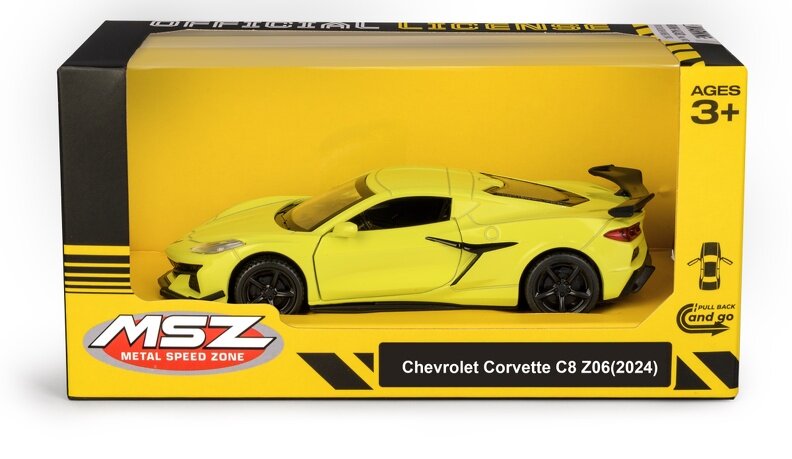 Model samochodu Chevrolet Corvette C8 Z06 (2024) w kolorze żółtym, umieszczony w pudełku z napisem \'MSZ Metal Speed Zone\'. Na opakowaniu widnieje informacja \'Ages 3+\' oraz symbol \'Pull Back and Go\'.