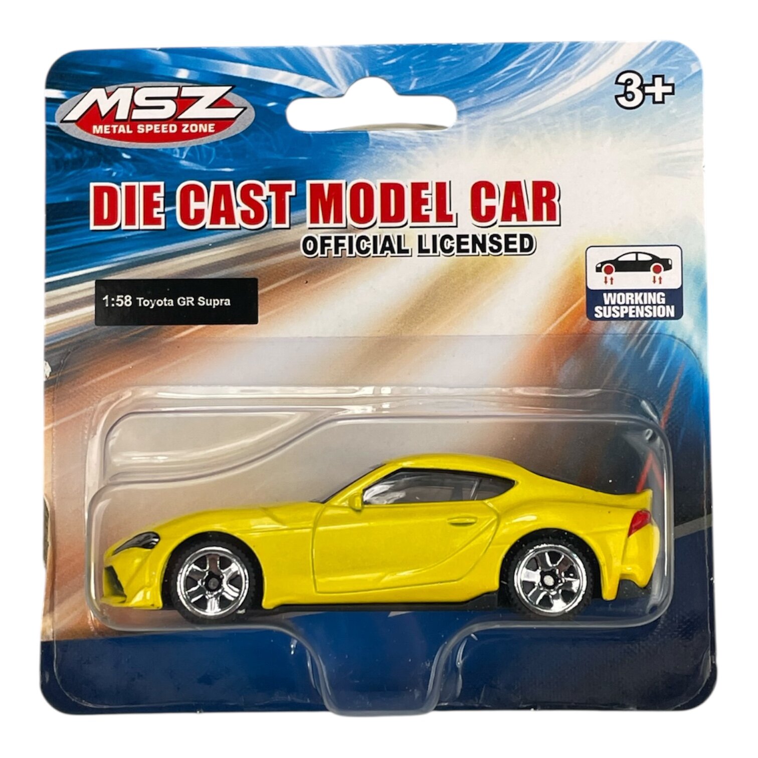 Opakowanie z modelem samochodu w skali 1:58, przedstawiające żółty samochód sportowy. Na opakowaniu widnieje napis \'MSZ Metal Speed Zone\', \'DIE CAST MODEL CAR\', \'1:58 Toyota GR Supra\' oraz \'WORKING SUSPENSION\'.