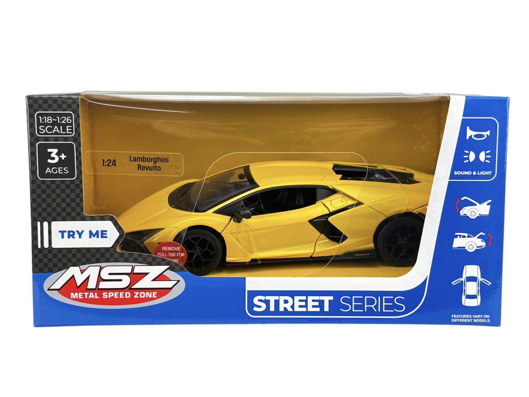 Żółty model samochodu Lamborghini Revuelto w skali 1:24 znajduje się w opakowaniu z napisem \'MSZ Metal Speed Zone Street Series\'. Opakowanie zawiera również informacje \'TRY ME\', \'SOUND & LIGHT\' oraz \'3+ AGES\'.