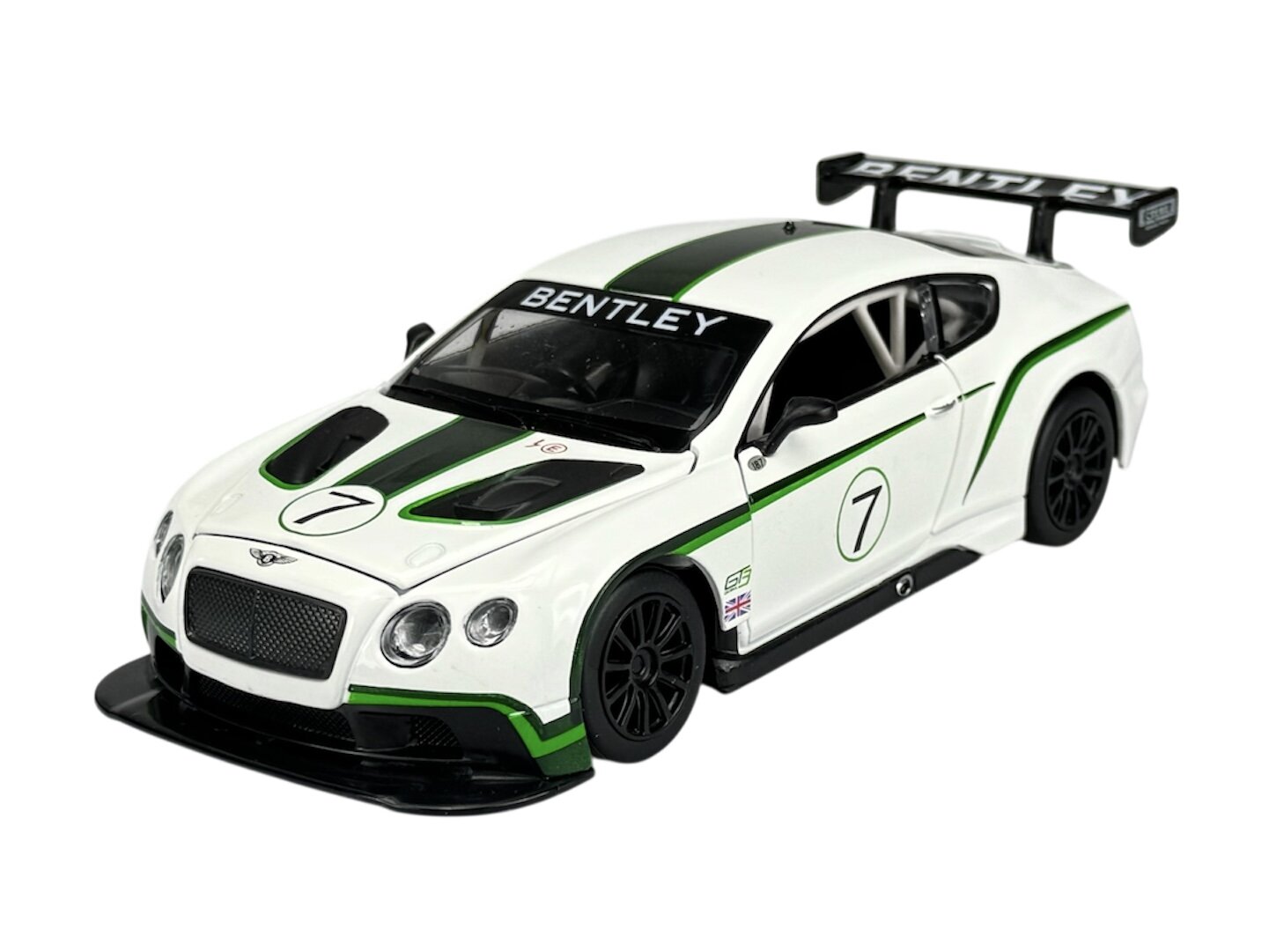 Model samochodu wyścigowego w skali 1:24, w kolorze białym z zielonymi i czarnymi detalami, z widocznym napisem \'BENTLEY\' na przedniej szybie i tylnej lotce. Na masce znajduje się numer \'7\', a na drzwiach widoczna jest flaga brytyjska.
