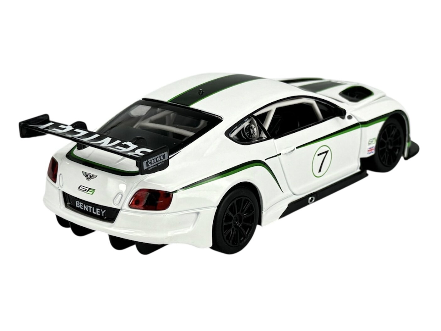 Model samochodu wyścigowego w skali 1:24, w kolorze białym z zielonymi akcentami, oznaczony numerem 7. Na tylnej części widoczne jest logo \'BENTLEY\' oraz napis \'CREWE\' na spojlerze.