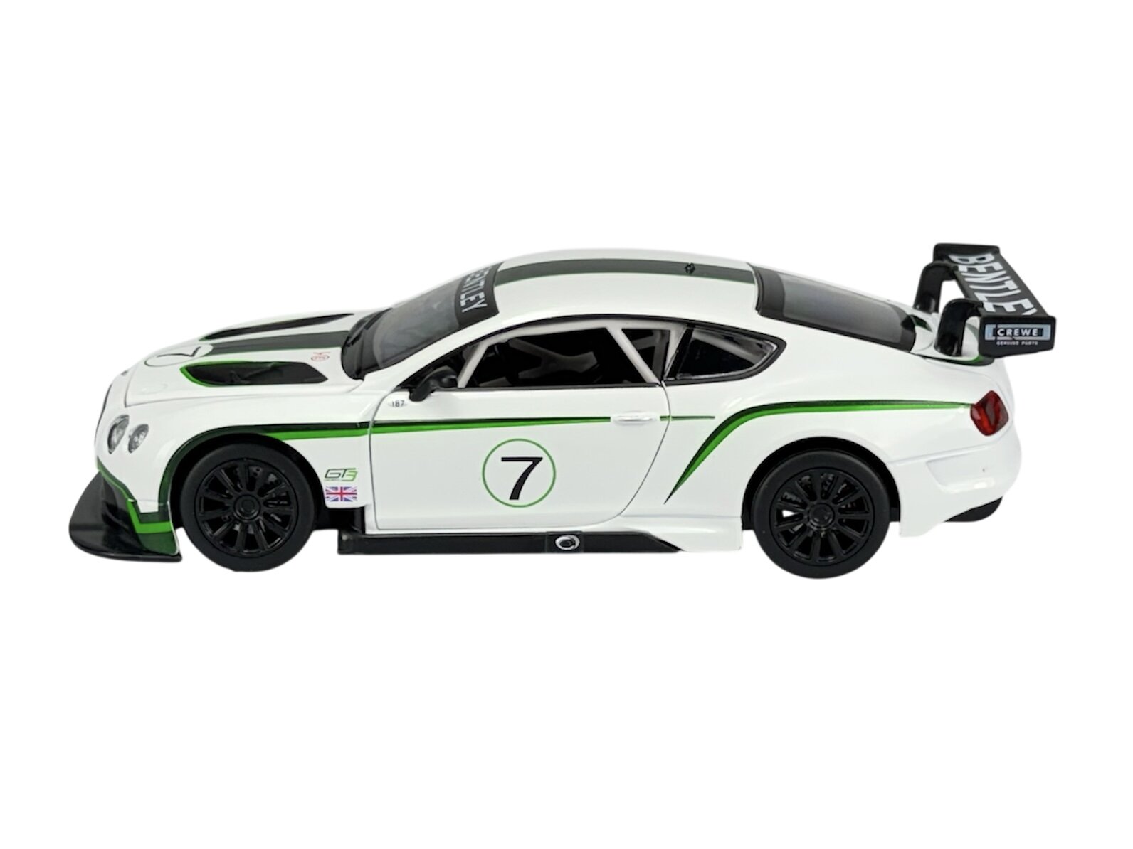 Model samochodu wyścigowego w skali 1:24, w kolorze białym z zielonymi akcentami i numerem 7 na drzwiach. Na tylnej części pojazdu widoczne jest logo \'Bentley\'.