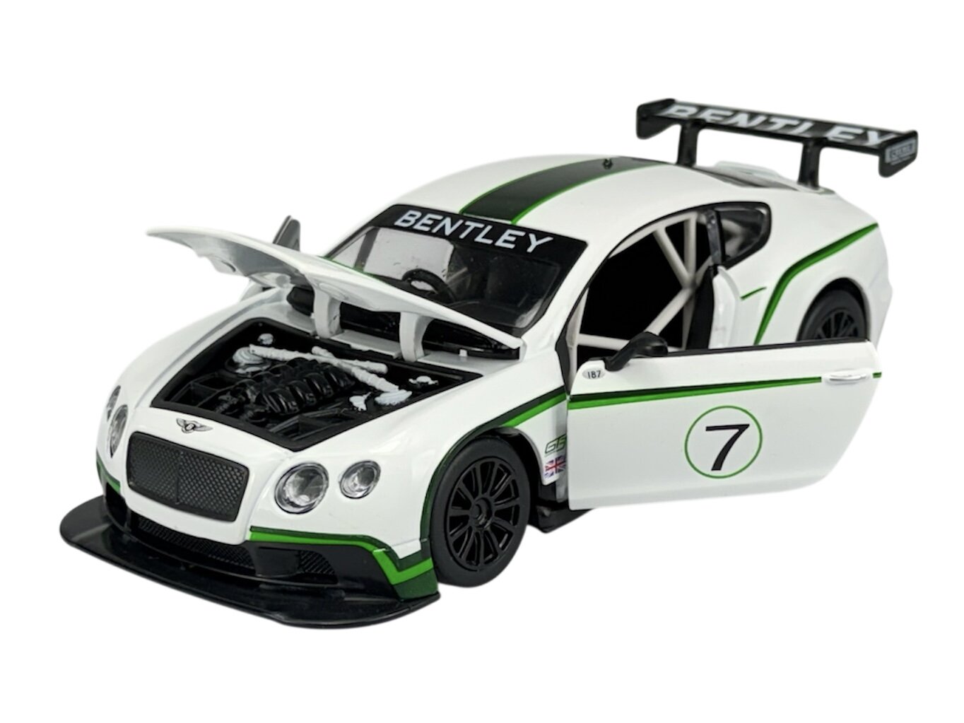Model samochodu wyścigowego w skali 1:24, w kolorze białym z zielonymi akcentami, z otwartą maską i drzwiami. Na masce i tylnej części widoczne jest logo \'BENTLEY\', a na drzwiach numer \'7\'.