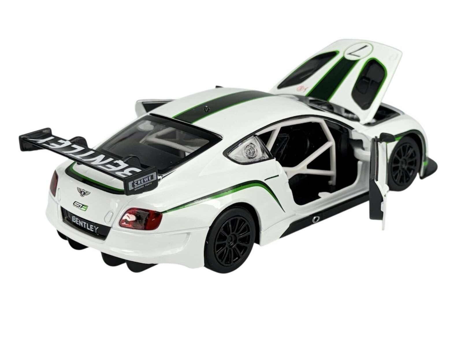 Model samochodu wyścigowego w skali 1:24, w kolorze białym z zielonymi i czarnymi detalami, z otwartymi drzwiami i maską. Na tylnej części widoczne jest logo \'BENTLEY\' oraz napis \'GT3\'.