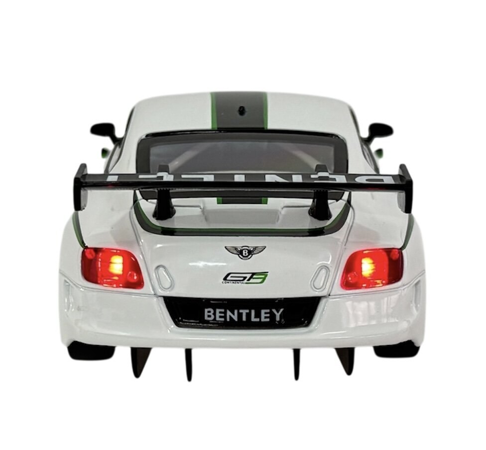 Model samochodu Bentley Continental GT3 w skali 1:24, w kolorze białym z zielonymi akcentami, widoczny od tyłu. Na tylnej części znajduje się logo Bentley oraz napis \'BENTLEY\'.