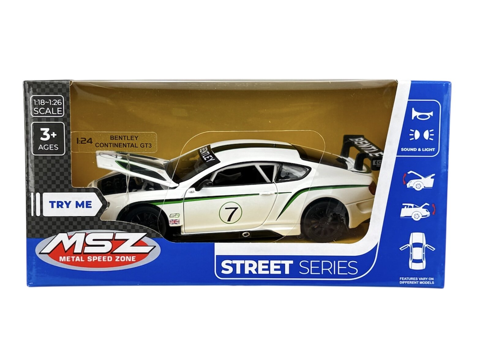 Model samochodu Bentley Continental GT3 w skali 1:24, biały z zielonymi detalami, umieszczony w pudełku z napisem \'MSZ Metal Speed Zone Street Series\'. Na opakowaniu widnieje informacja \'3+ Ages\' oraz \'Sound & Light\'.