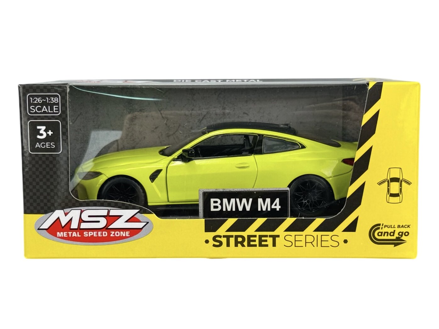 Model samochodu BMW M4 w żółtym kolorze znajduje się w opakowaniu z napisem \'MSZ Metal Speed Zone\' oraz \'Street Series\'. Skala modelu to 1:26-1:38, a opakowanie zawiera oznaczenie \'3+ Ages\'.