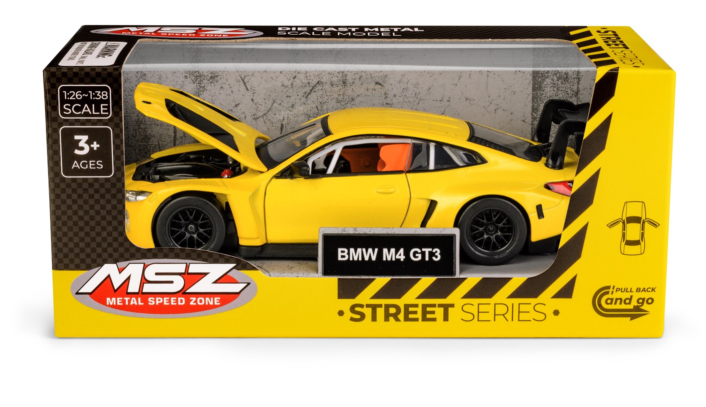 Żółty model samochodu BMW M4 GT3 w skali 1:26-1:38 znajduje się w przezroczystym opakowaniu z napisem \'MSZ Metal Speed Zone\' oraz \'Street Series\'.