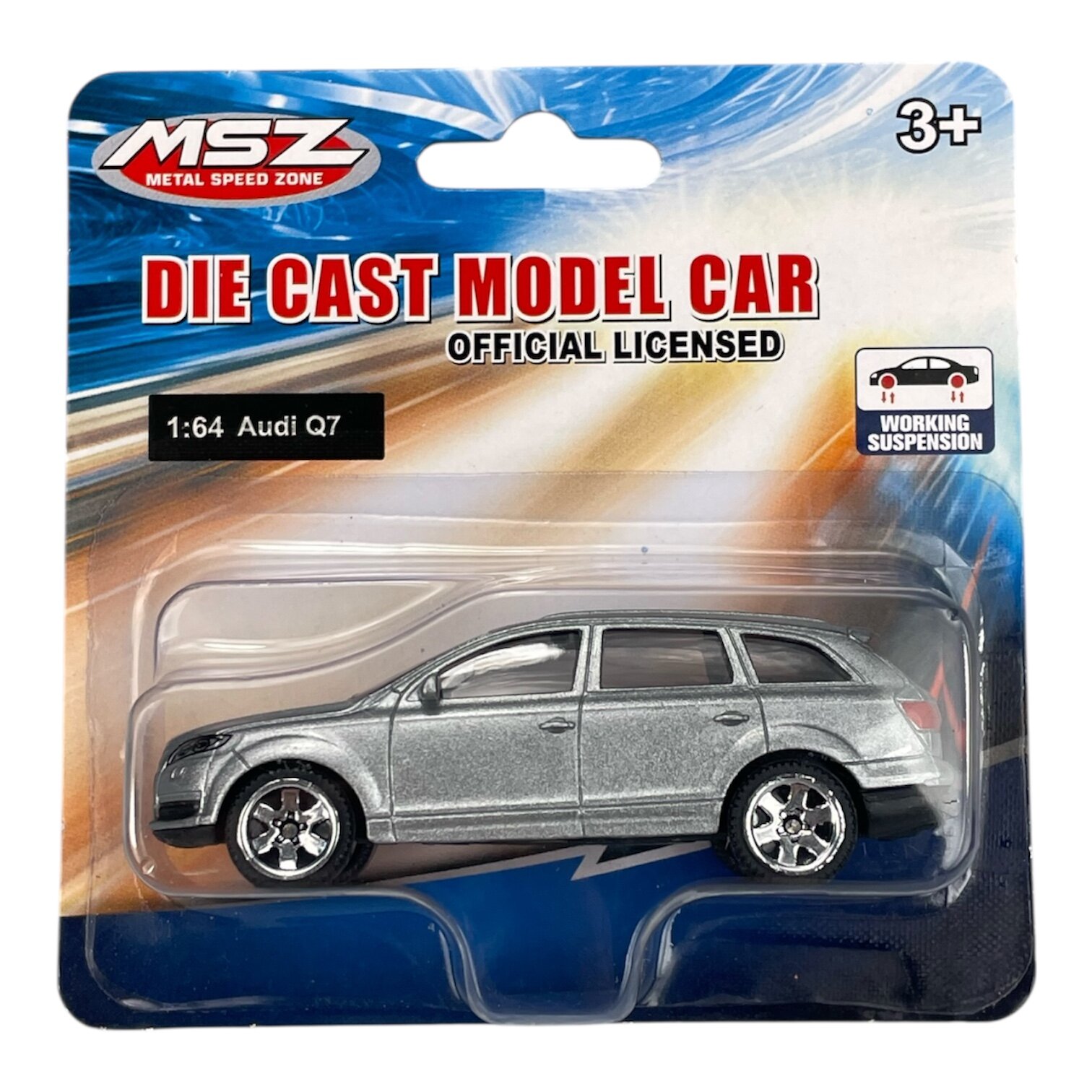 Opakowanie z modelem samochodu w skali 1:64, przedstawiające srebrny pojazd przypominający SUV-a. Na opakowaniu widnieje tekst: \'MSZ Metal Speed Zone\', \'DIE CAST MODEL CAR\', \'OFFICIAL LICENSED\', \'1:64 Audi Q7\', \'WORKING SUSPENSION\'.