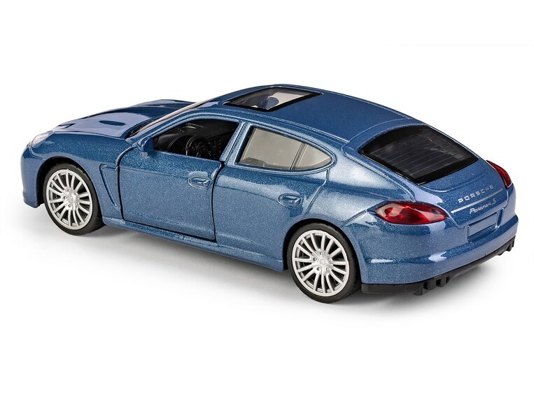 Model samochodu w kolorze niebieskim z otwartymi drzwiami i widocznym logo \'Porsche Panamera S\' na tylnej klapie. Samochód ma srebrne felgi i przeszklony dach.