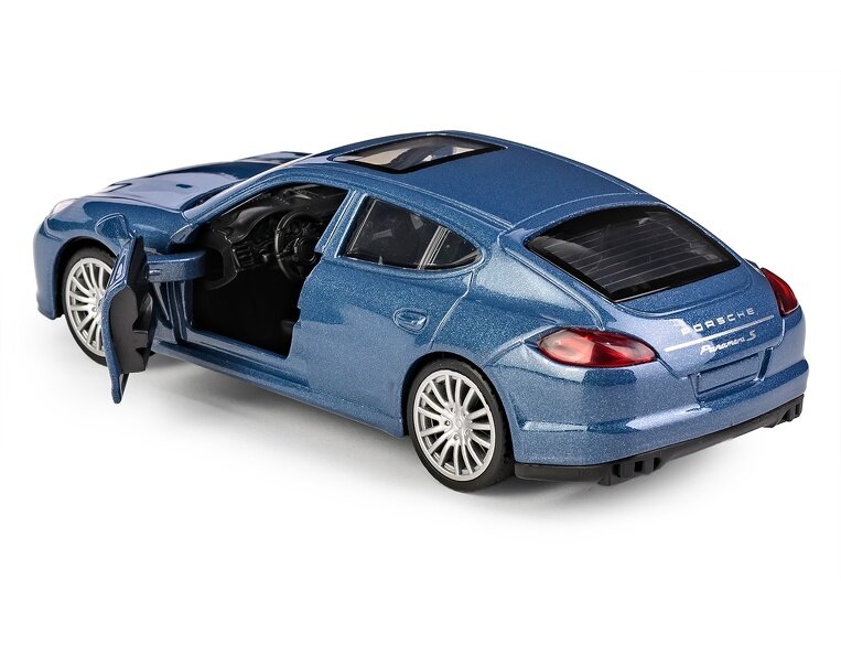Model samochodu w kolorze niebieskim z otwartymi drzwiami i widocznym wnętrzem. Na tylnej części pojazdu widoczny jest napis \'Porsche Panamera S\'.